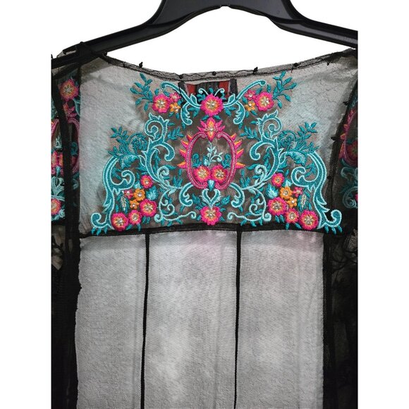 Maria B Black Mesh Embroidered Cotton Duster Size S With Floral Accents BOHO - Picture 4 of 6